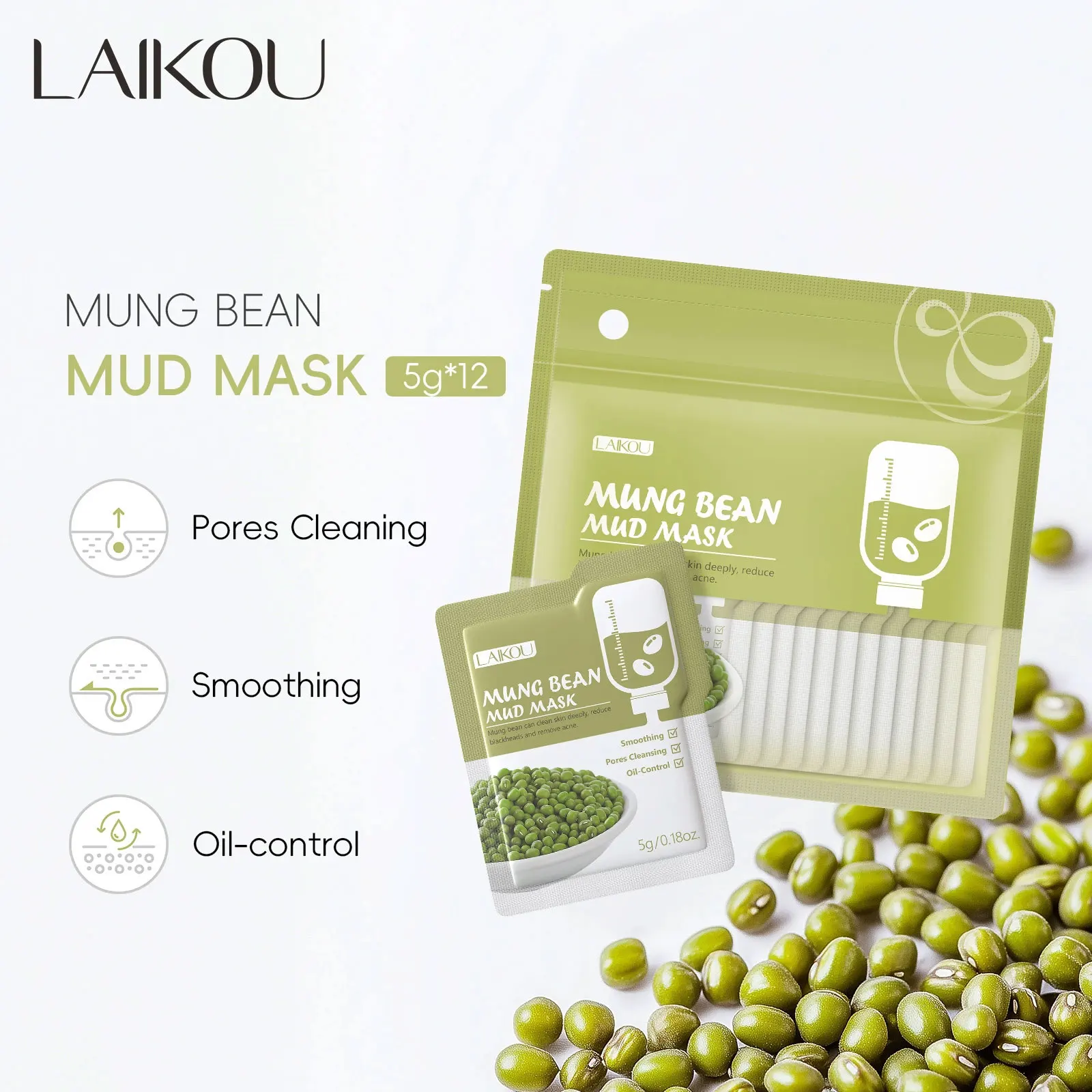 

LAIKOU Mung Bean Cleansing Mud Mask 5g 12 Pieces Refreshing Moisturizing Hydrating Repair Nourishing Night Mask Mud