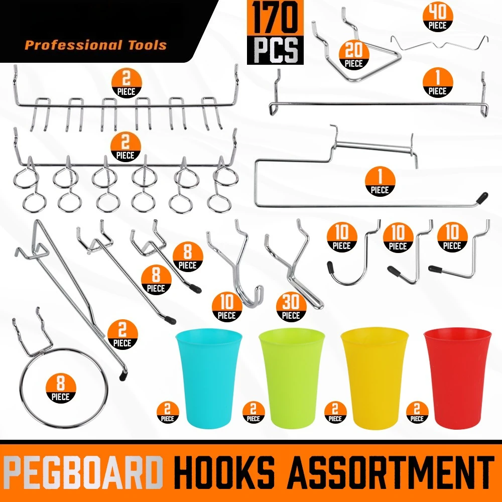 170Pcs Pegboard Hooks Assortment Set, Metal Peg Board Hooks Assorted Size Heavy Duty Wall Organizer for Garage Workshop Storage