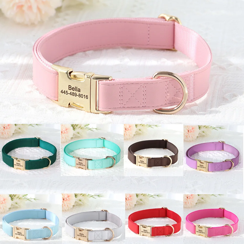Personalized PU Leather Dog Collar Free Engraved Pet Collars Customized ID Name Necklace For Small Medium Large Dogs 9 Colors