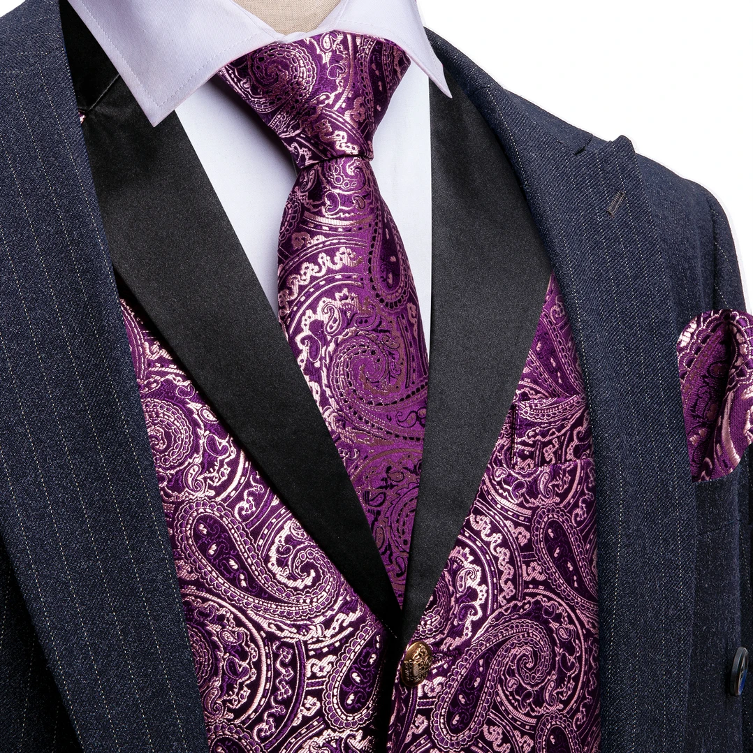 Fashion Men's Purple Jacquard Paisley Vest Notched Lapel Collar Waistcoat Tie 3PCS Set Formal Wedding Party Tuxedo