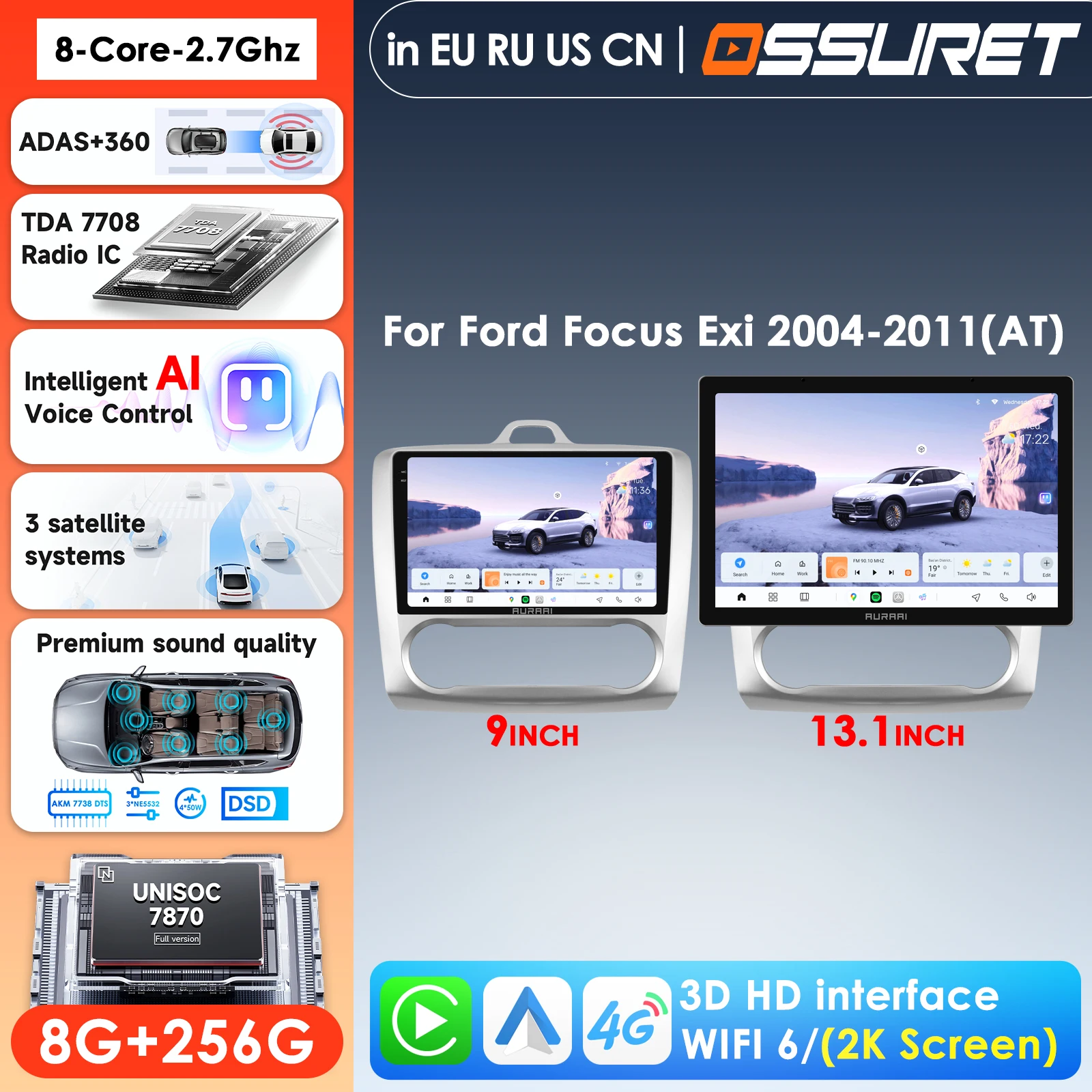 13.1' 2K экран, Carplay, 4G, Android автомагнитола для Ford Focus 2 Mk2 2004-2011, GPS-плеер, стереосистема, интеллектуальные системы ADAS