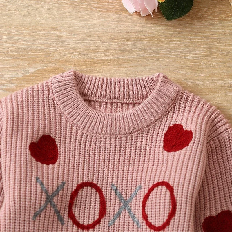 Toddler Baby Girl Valentines Day Sweaters Spring Autumn Clothes Long Sleeve Heart Embroidery Knit Pullovers Jumper Tops