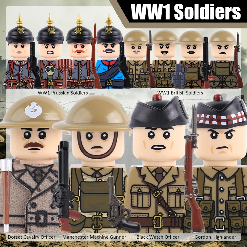 WW1 Military British Prussian Soldier Figure Officer Building Blocks Army Cavalry Gunner Infantry Gun Helmet Backpack Bricks Toy