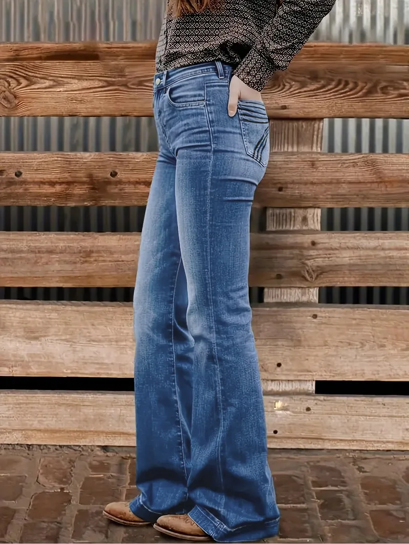 Women's Blue Stretchy Jeans with Back Pocket Embroidery, Loose Fit and Wide Leg Opening