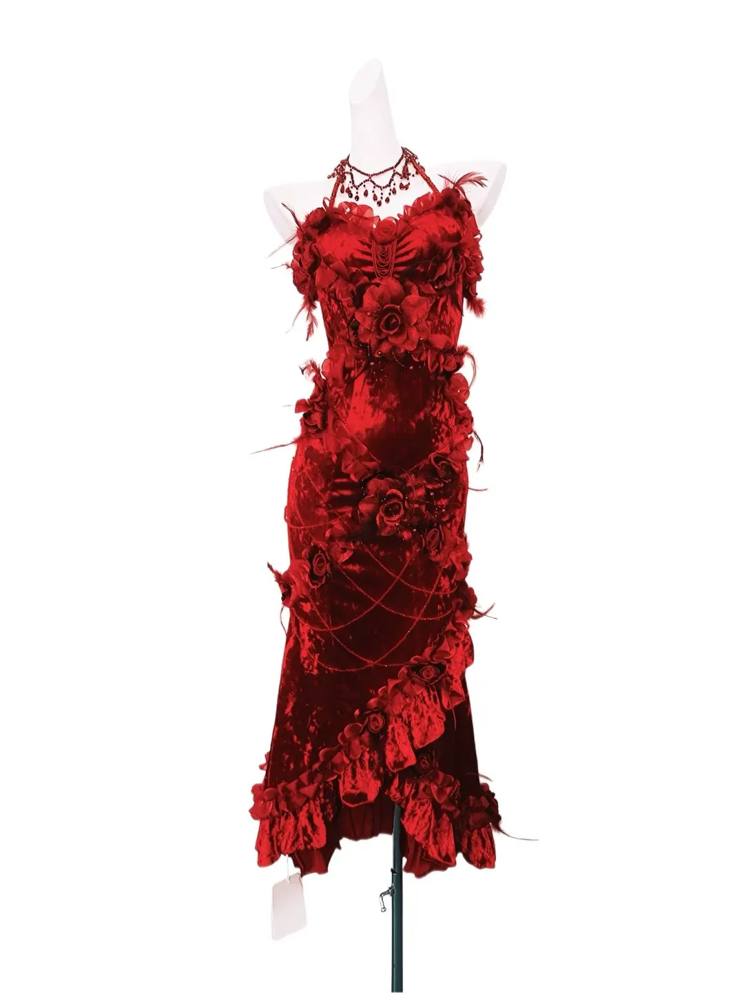 Halter Velvet Mermaid Dress Women 3D Rose Feather Fishtail Gown Vintage Evening Party Photoshoot Costume