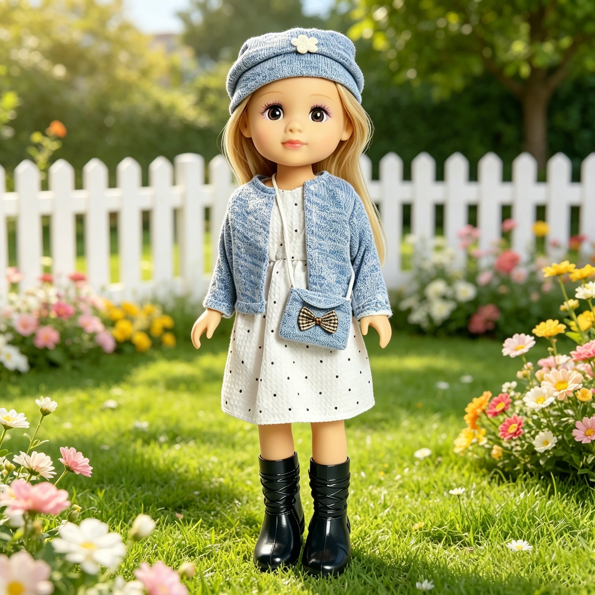 

Blue Beret & Cardigan Set for 16" Dolls, Includes Polka Dot Dress & Crossbody Bag, Great for Outdoor Play