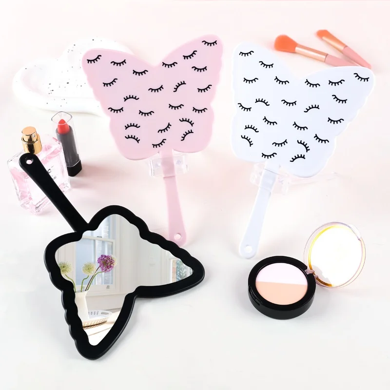 蝶の形をした手持ち鏡、高精細携帯鏡、女の子用化粧鏡、つけまつげハンドル付き鏡