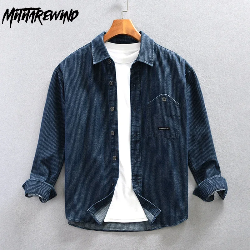 

Весенне-осенняя мужская джинсовая рубашка с длинным рукавом, уличная повседневная японская винтажная джинсовая рубашка, мужская полосатая рубашка с лацканами, свободные ковбойские топы