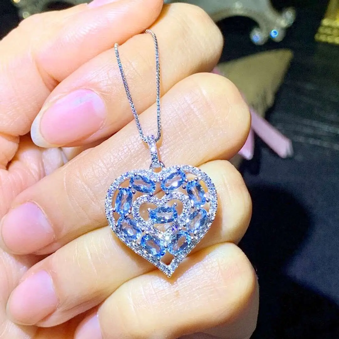 Blue Aquamarine Pendant for Office Woman Solid 925 Silver 3mm*5mm  Natural Aquamarine Necklace Pendant Gift for Wife