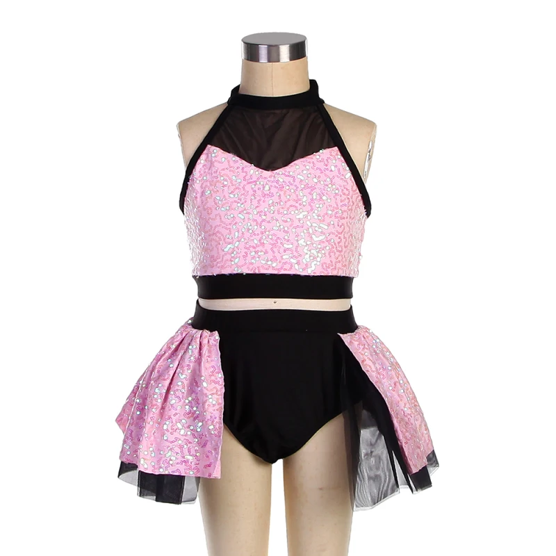 Conjunto de traje de danza contemporánea lírica para niños y adultos, sujetador con cuello Halter y falda con panel trasero separado, 4 colores 20507