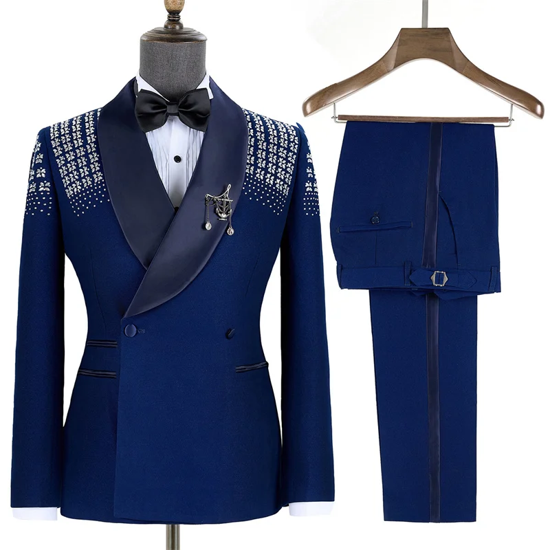 Royal Blue Men Suit Set 2 Piece Beaded Blazer+Pants Trousers Cotton Wedding Tuxedos Formal Office Jacket Prom Coat Customized