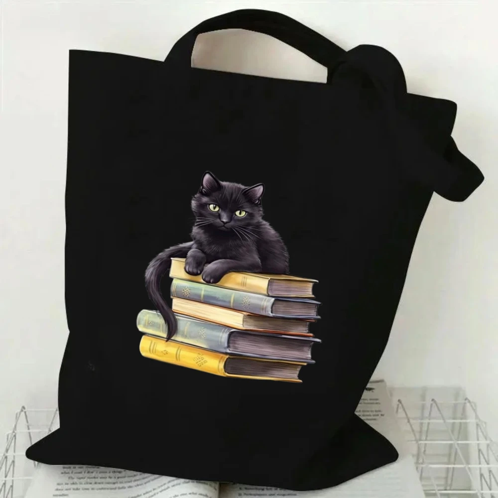 

Life Is Better with Wine Cats and Books Print Tote Bag Canvas Shoulder Bag for Book Lover Gift Bookworm Reusable Cute Cat Hanbag
