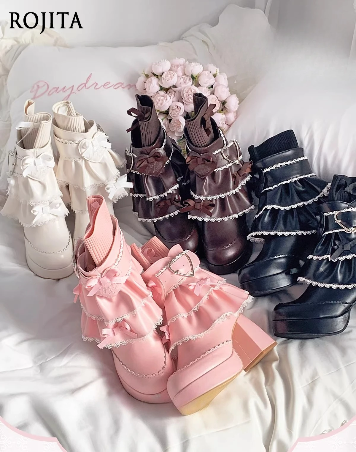 Kawaii Ruffle Lace Lolita Boots with Bow Sweet Thick Heel Waterproof Table Boots Kawaii Princess Boots for Girls Multiple Colors