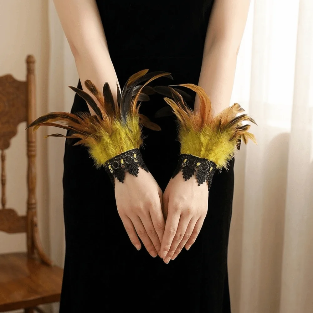 New Black Lace Fluffy Feather Wrist Cuffs Lightweight Adjustable Halloween Arm Cuff Gloves Gothic Chic Wristband Themed Party