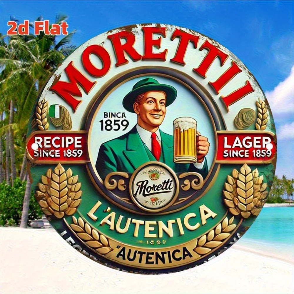 2D Flat, 1pc Moretti Vintage Italian Brewery Beer Sign - Retro Pub Wall Decor 1859, Authentic Lager Metal Plaque with Green Suit