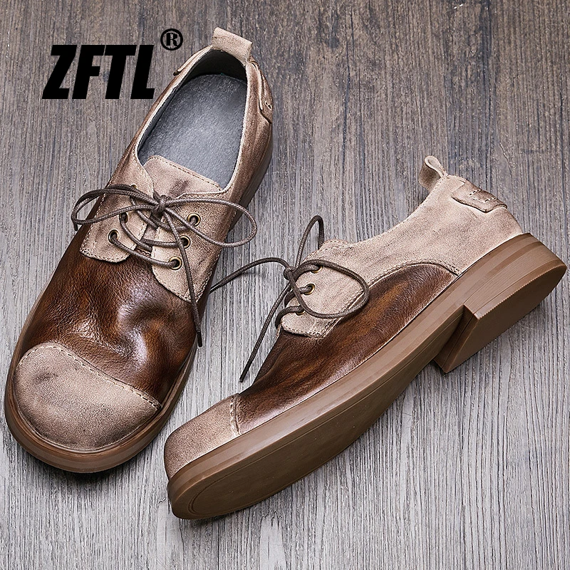 ZFTL Men's casual cowhide shoes Business soft sole shoes with big toe Work Shoes British style Handmade shoes Trendy splicing