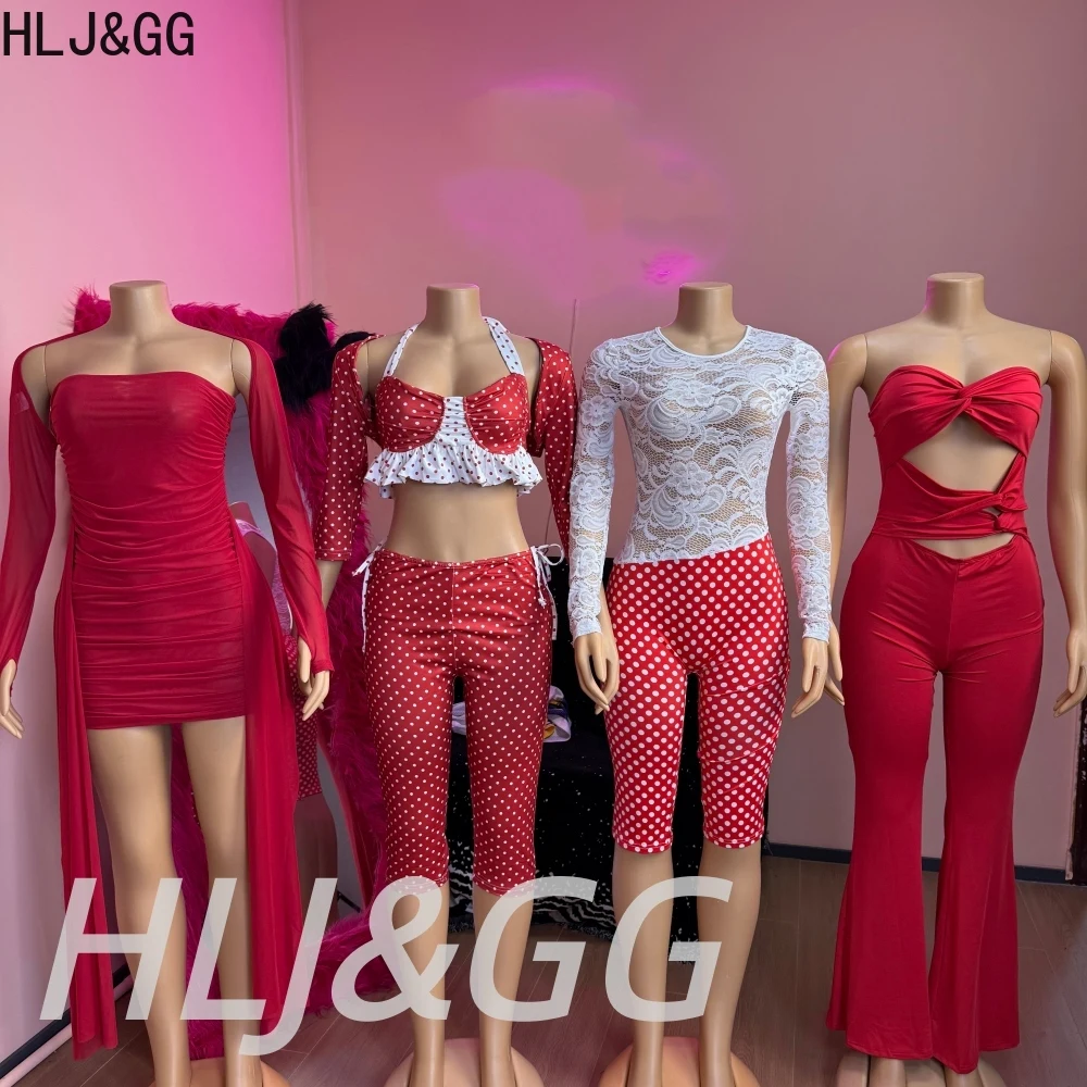 

HLJ&GG Red Sexy Lace See Though Patchwork Bodycon One Piece Jumpsuits Women Polka Dot Long Sleeve Slim Playsuits Fashion Overall