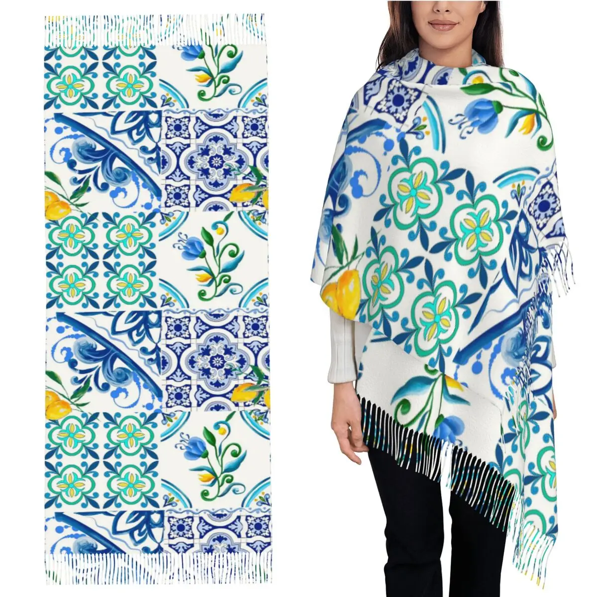 

Сицилийская плитка, средиземноморья, мозаика, лимоны, шарф, шарфы с кисточками для женщин, мягкие теплые шали и накидки, длинная осенне-зимняя шаль