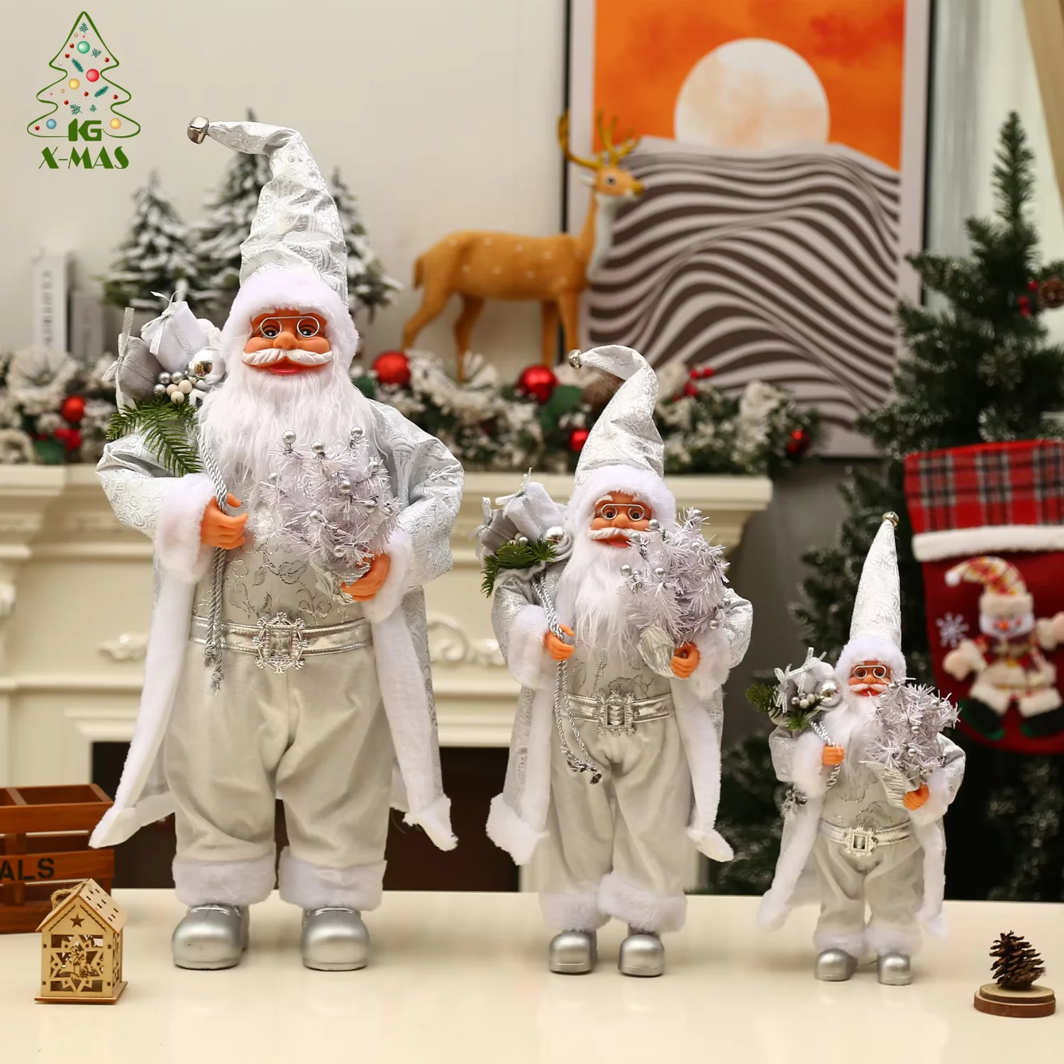 

Ready To Ship Papa Noel Pere Noel 30CM 45CM 60CM White Silver Santa Claus Figure Standing Christmas Santa Claus Figurine