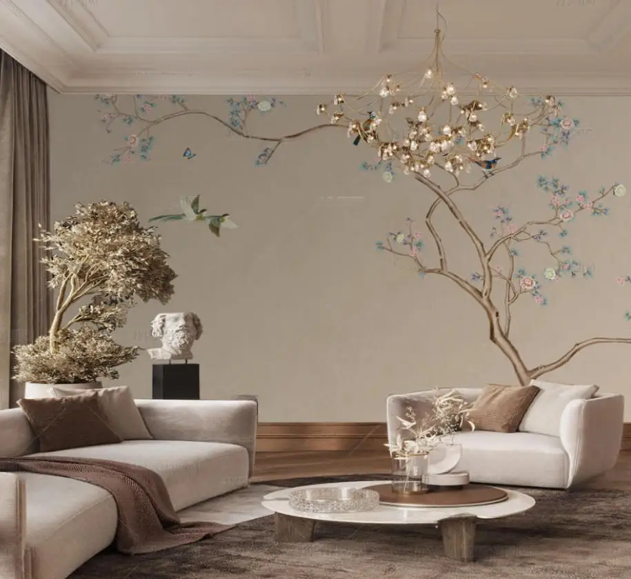 

Customized wallpaper Chinese plum blossom meticulous brushwork flower and bird TV study room hotel flower art photo wallpaper