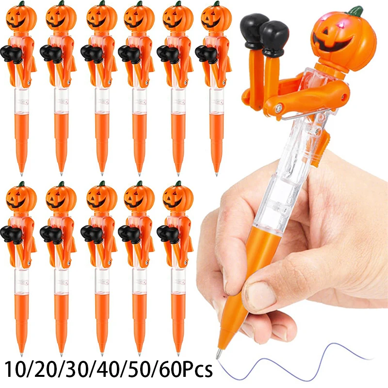 10-60Pcs Wholesale Ballpoint Pens Promotional Toy Gift Plastic Halloween Pumpkin Boxing Pen With Led Light