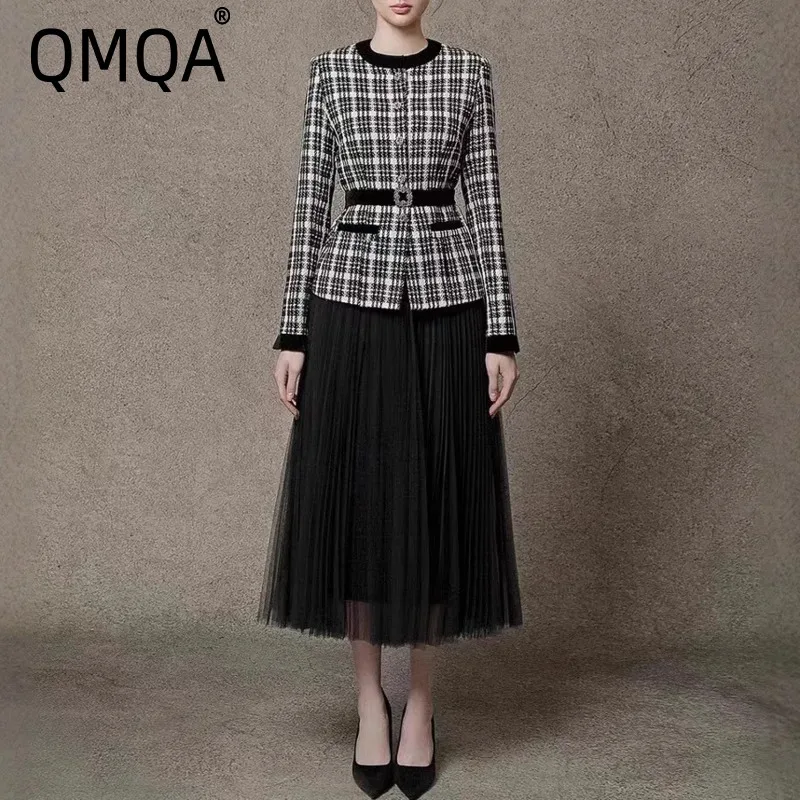 QMQA Fashion Women's Elegant Two-Piece Set Black White Plaid Belt Coat High Waist Mesh Skirt Sets 2026 Female New Clothing QM789