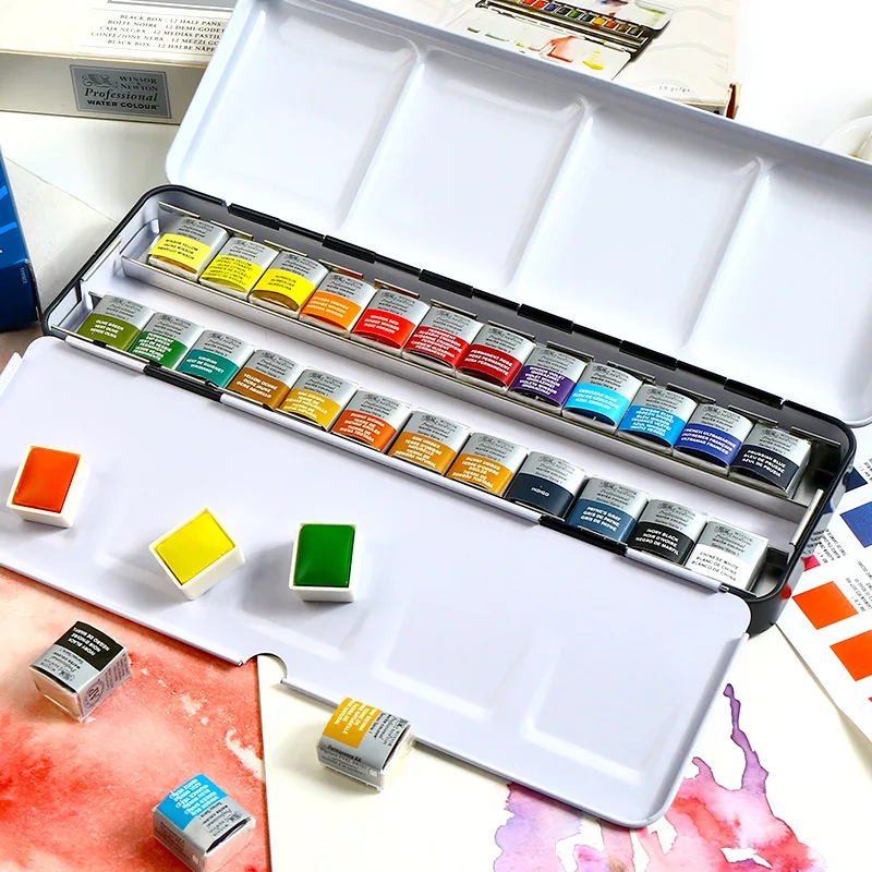 Artist Solid Watercolor Paint High Quality Set Full Half Block Portable Enamel Iron Box Packaging 12/24Colors Two Specifications