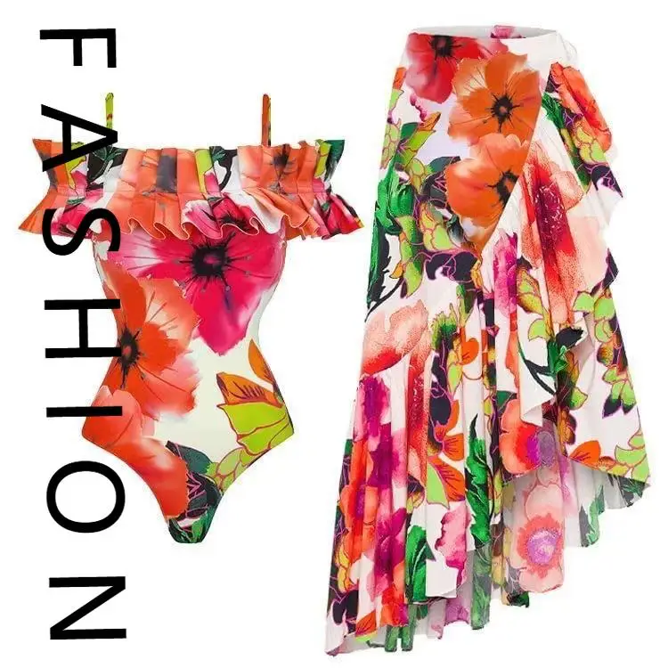 2025 جديد مثير بيكيني قطعة واحدة ملابس السباحة الشيفون تنّورة ملفوفة كلمة واحدة الكتف لوتس ليف ملابس السباحة الشاطئ جمع المحافظ يكون