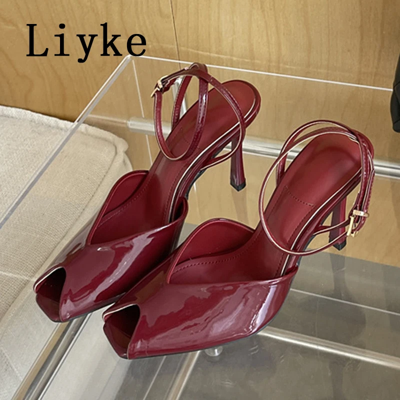 Liyke Designer High Heels Gladiator Sandals Women Summer Cozy Patent Leather Peep Toe Buckle Strap Ladies Party Dress Shoes Red