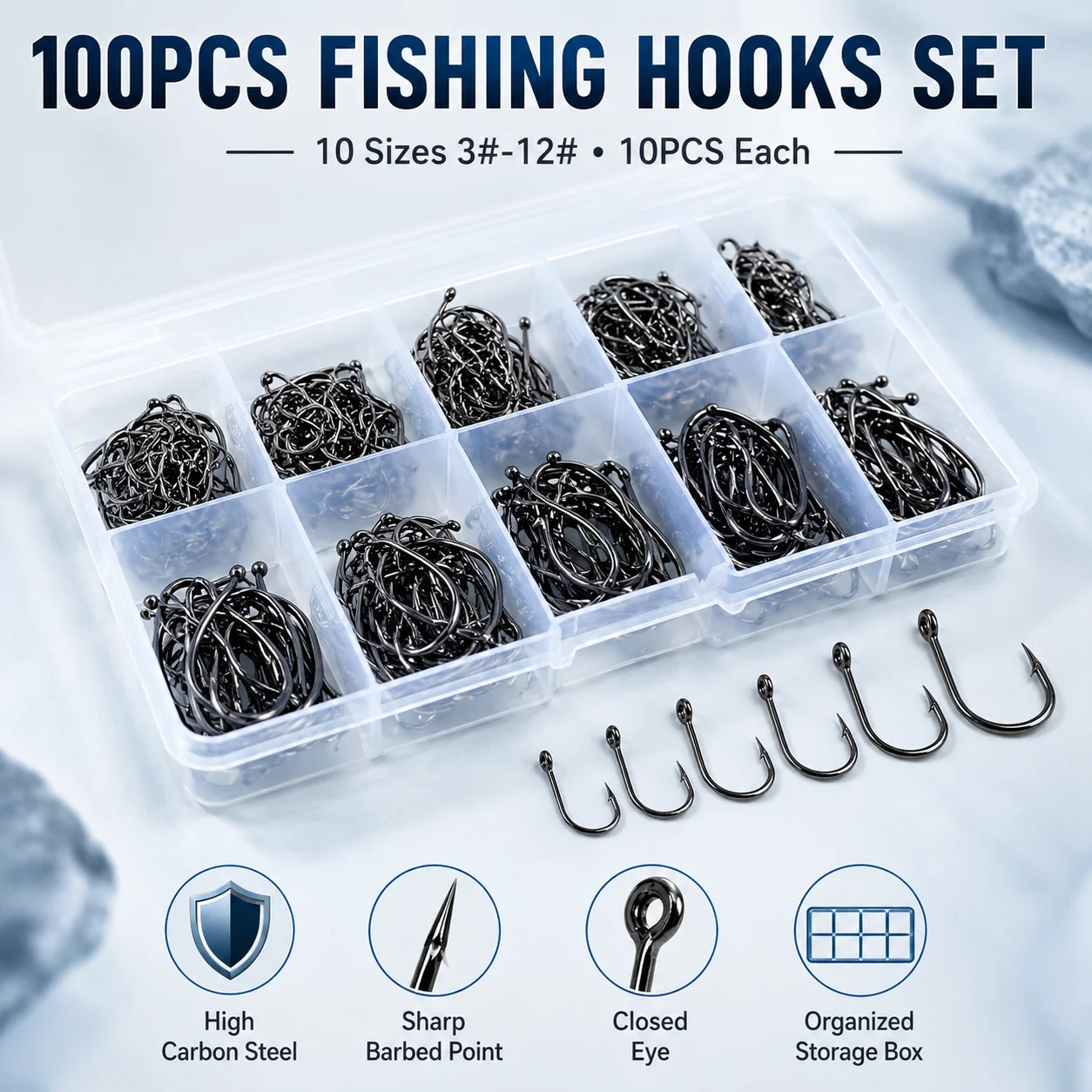 100-teiliges Angelhaken-Set, 10 Größen Widerhaken-Angelhaken, Hochkarbon-Stahl mit Aufbewahrungsbox für Süß- und Salzwasserfischen – Detail 1