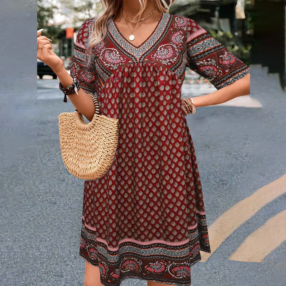 M L XL Vintage Dress for Women Clothing 2024 Summer Short Sleeved Printe Bohemian Beach Holiday Dress Female Slim Fit Mini Skirt