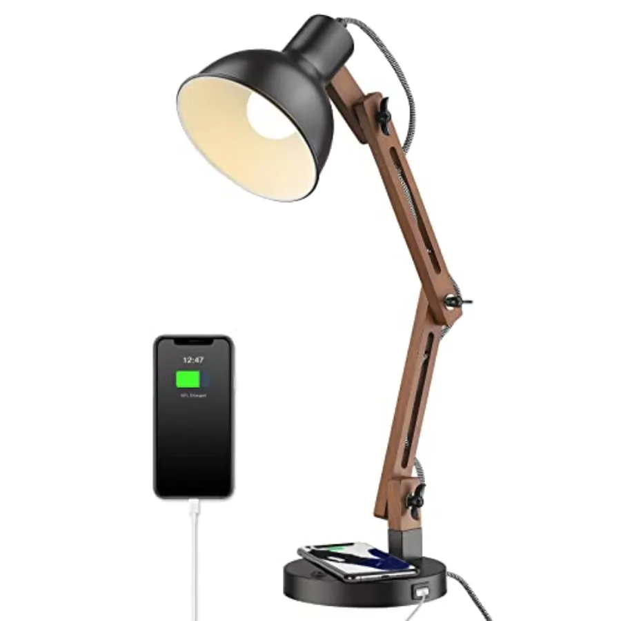 

Modern LED Desk Lamp with Upgraded Wireless Charger USB C Charging Port Sapele Wood Table Lamp Swing Arm Bedside Reading Task L