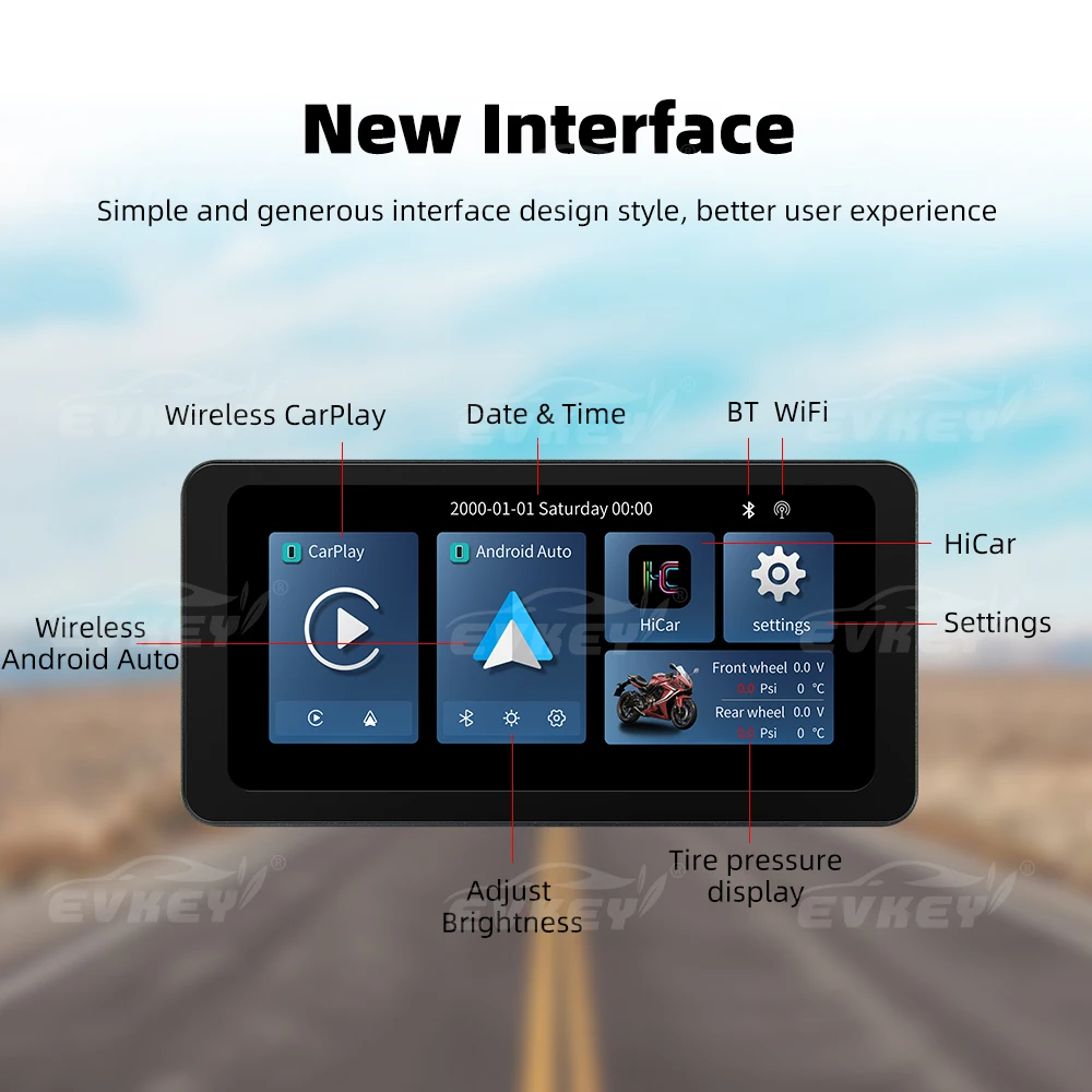 EVKEY-pantalla LCD portátil de alta calidad para motocicleta, CarPlay inalámbrico, Android, presión de neumáticos automática, IPX7, 6,3 pulgadas