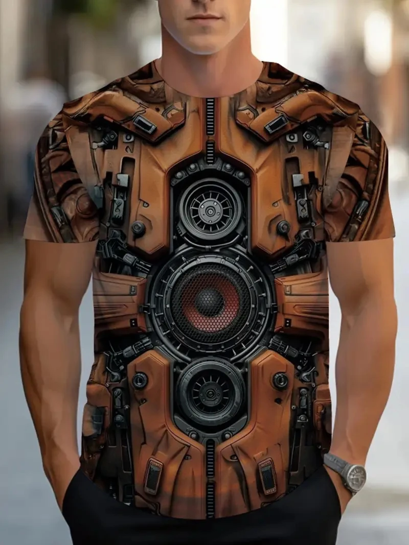 موضة تي شيرت رجالي ثلاثية الأبعاد مستقبلية الميكانيكية تي شيرت مطبوع الشارع Cyberpunk العصرية س الرقبة قمة الصيف الرجال Y2k ملابس كاجوال #3