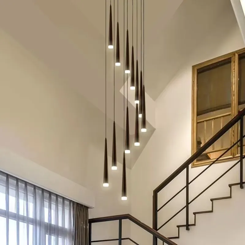 Modern Black Cone Tube Chandeliers Dining Room Island Long LED Pendant Lamp Rotating Staircase Restaurant Kitchen Coffee Lights