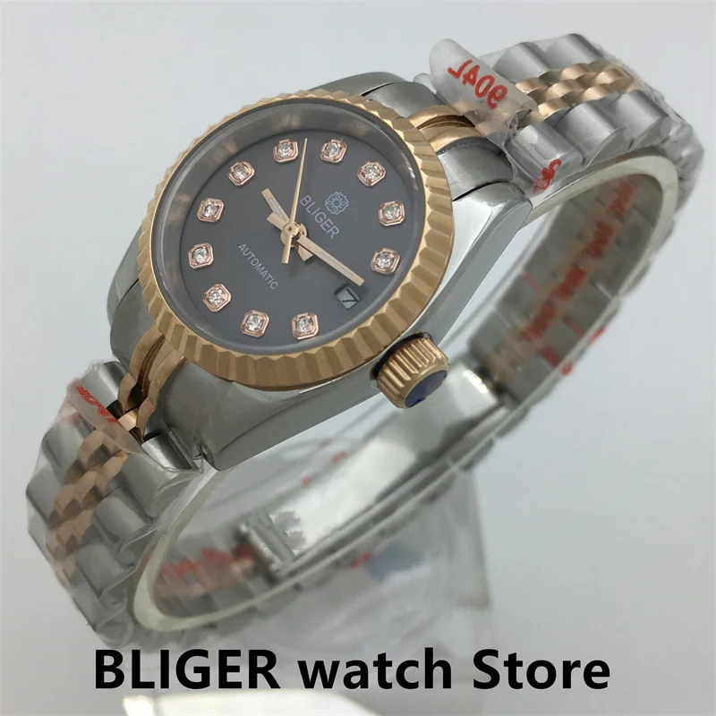 BLIGER-reloj mecánico clásico para mujer, pulsera elegante de cristal de zafiro con esfera gris, movimiento NH05, de oro y plata, 26mm, nuevo