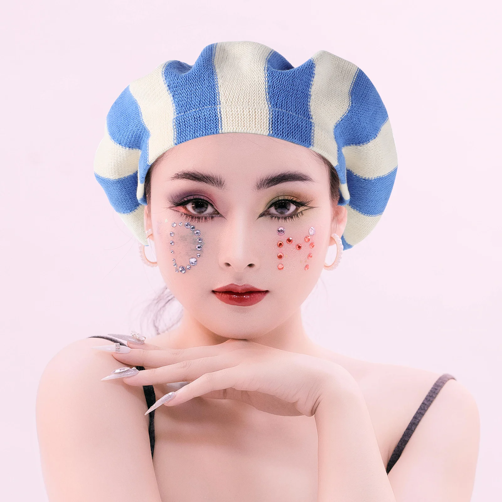 

Striped Beret Hat Breathable Knit Women Vintage French Cotton Painter Cap Lightweight Casual Daily Outdoor Headwear