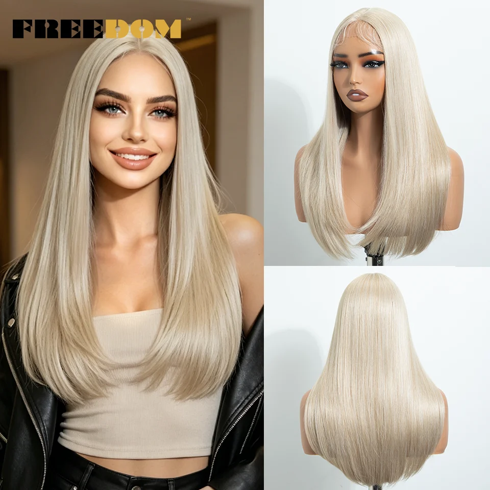 FREEDOM – gerade geschnittene, mehrlagige, synthetische Perücken mit Spitze vorne für Damen, 22 Zoll, mit Mittelscheitel, Ombré-Braun-Blond, ohne Klebstoff, für den täglichen Gebrauch. – Detail 15