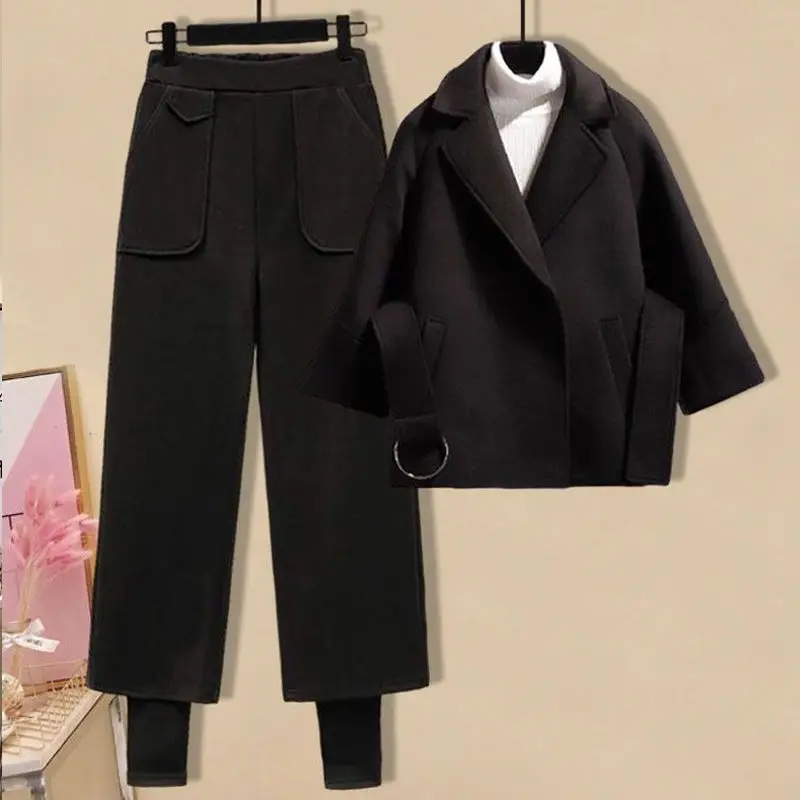 Fashion Casual Women\'s Suit 2022 New Autumn and Winter High Neck Sweater Western Style Coat Elegant Women\'s Three Piece Suit