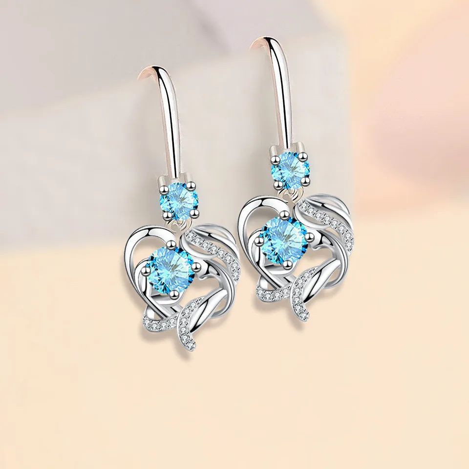 

Flower Heart Drop Earrings For Women Silver Color Blue Yellow Red Green Pink Zircon Valentine Dangle Earring Mothers Day Jewelry