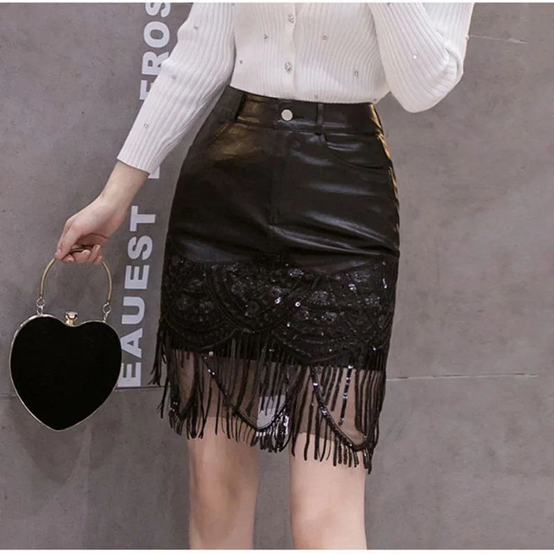 Half Skirt Woman 2023 New Summer High Waist Slimming Black PU Leather Skirt Splicing Sequin Tassel All-match Package Hip Skirt