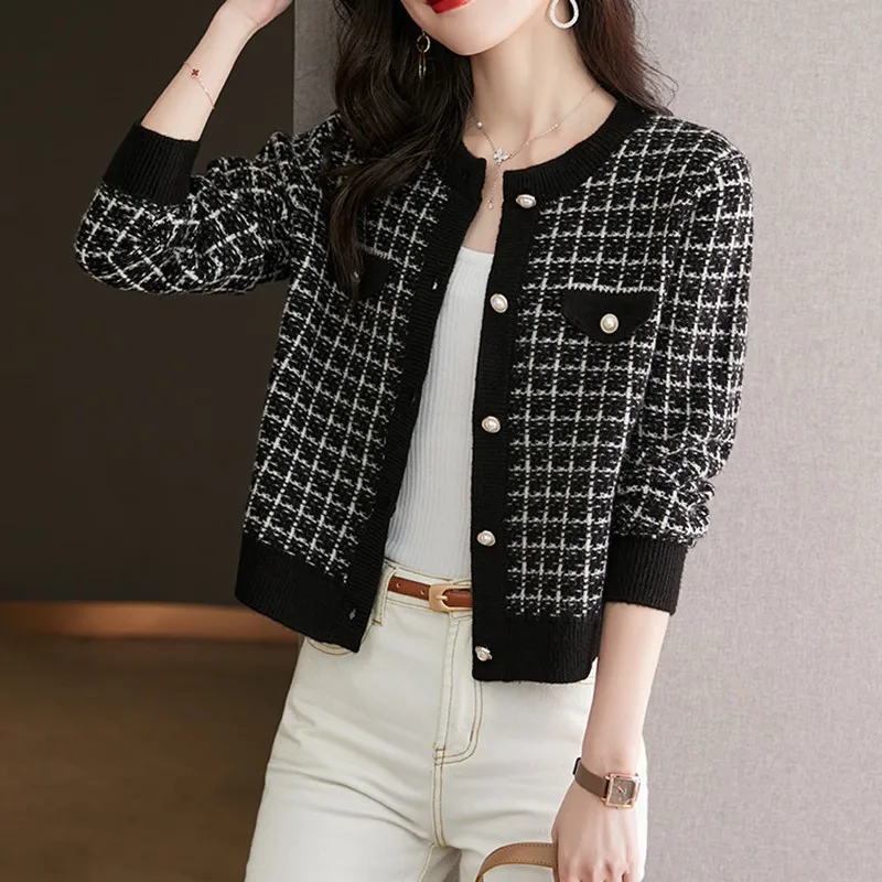 Autumn Korean Fashion Vintage Plaid Patchwork Cardigan Sweater Ladies Loose Casual All-match Knitted Coat Buttons Outwear NS5781