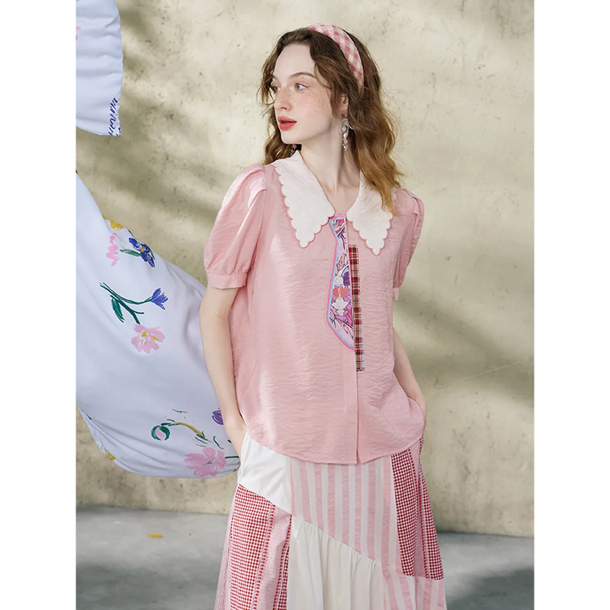 

Summer High-End Oracle Sweet Color Block Lapel Printed Fake Tie Puff Sleeve Shirt
