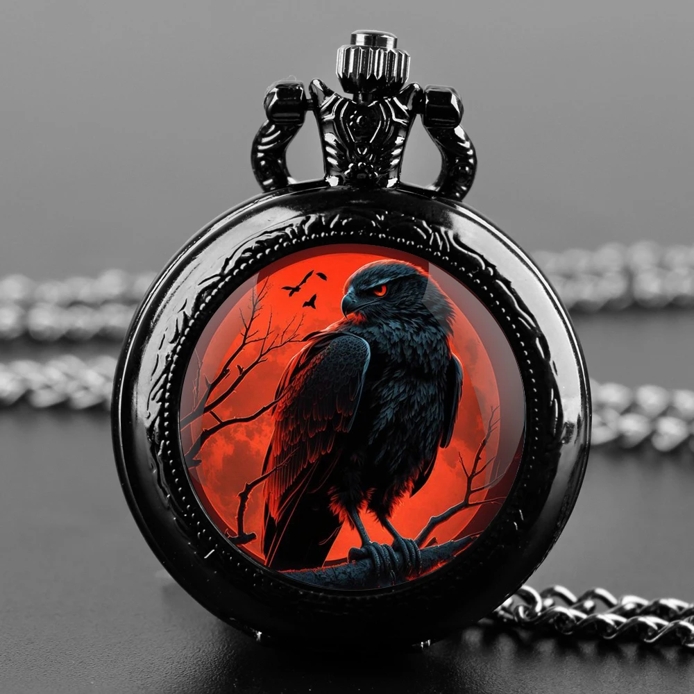 New Eagle Owl Glass Dome Vintage Quartz Pocket Watch Men Women Pendant Necklace Chain Charm Clock Hours Watch Jewelry Gifts