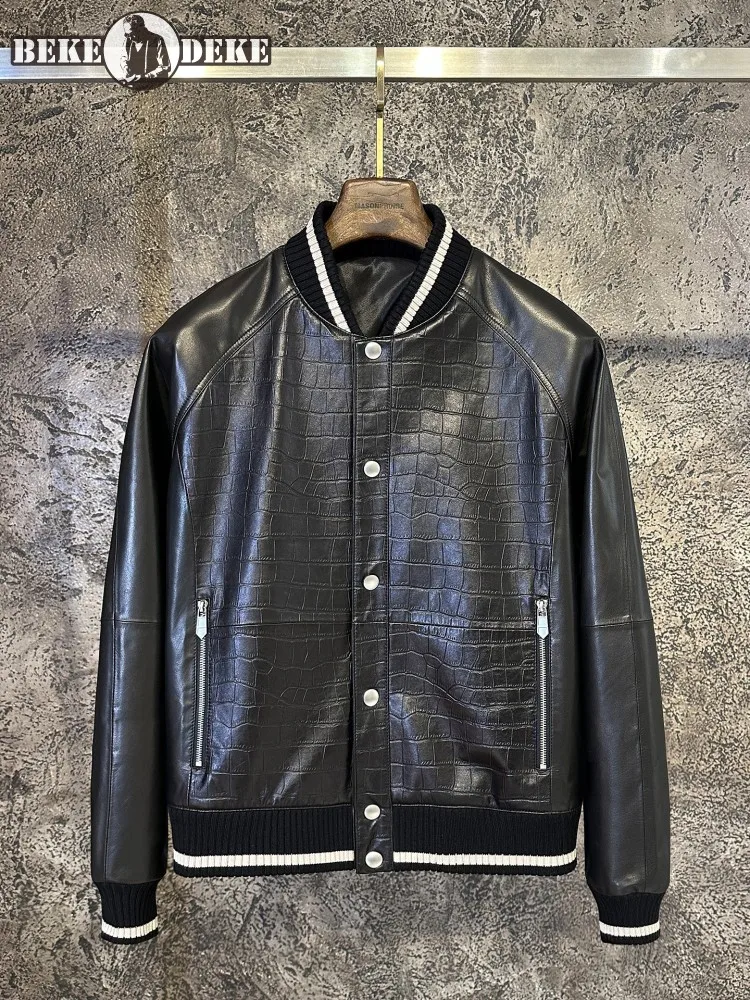 

High Quality Genuine Leather Jacket Men Casual Single Breasted Spliced Fashion Bomber Coat Loose Fit Srping Autumn Outerwear