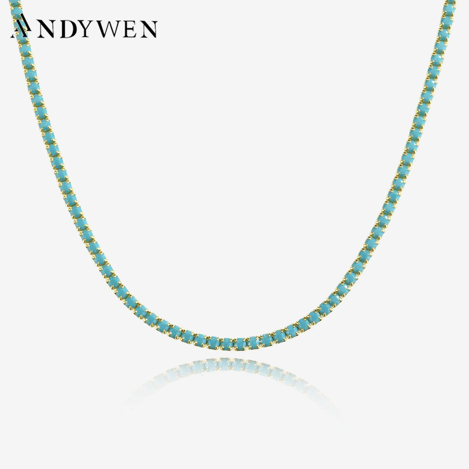 ANDYWEN 925 Sterling Silver Gold 2mm Turquoise Tennis CZ Chain Necklace Summer Long Chain Choker Crystal Luxury Fine Jewelry