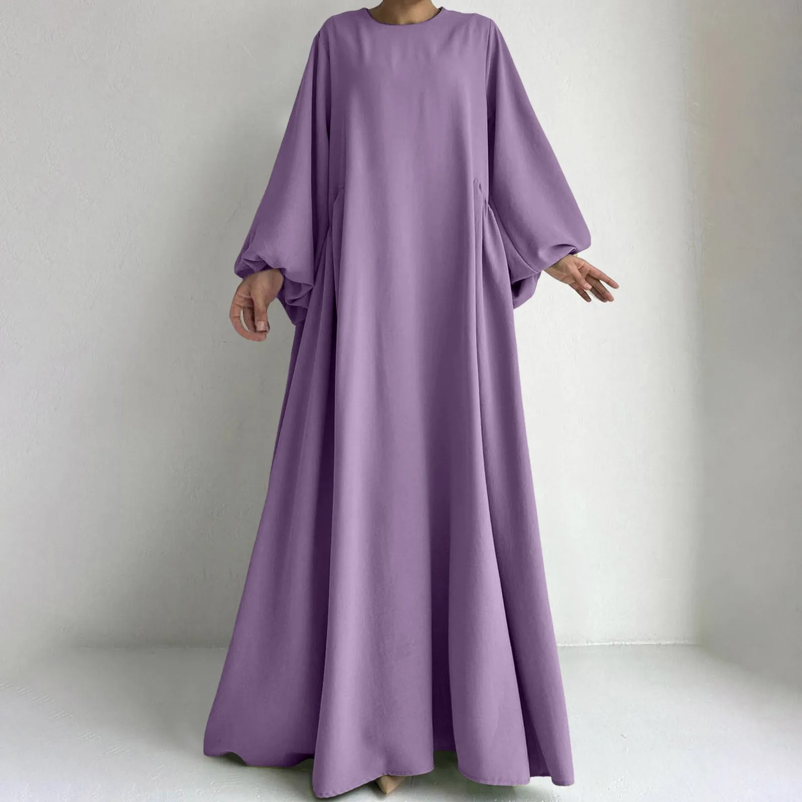 Women\'S Muslim Robe Long Sleeve Dress Solid Color Round Neck Loose Dresses Temperament Prayer Clothing Ramadam Elegant Burka