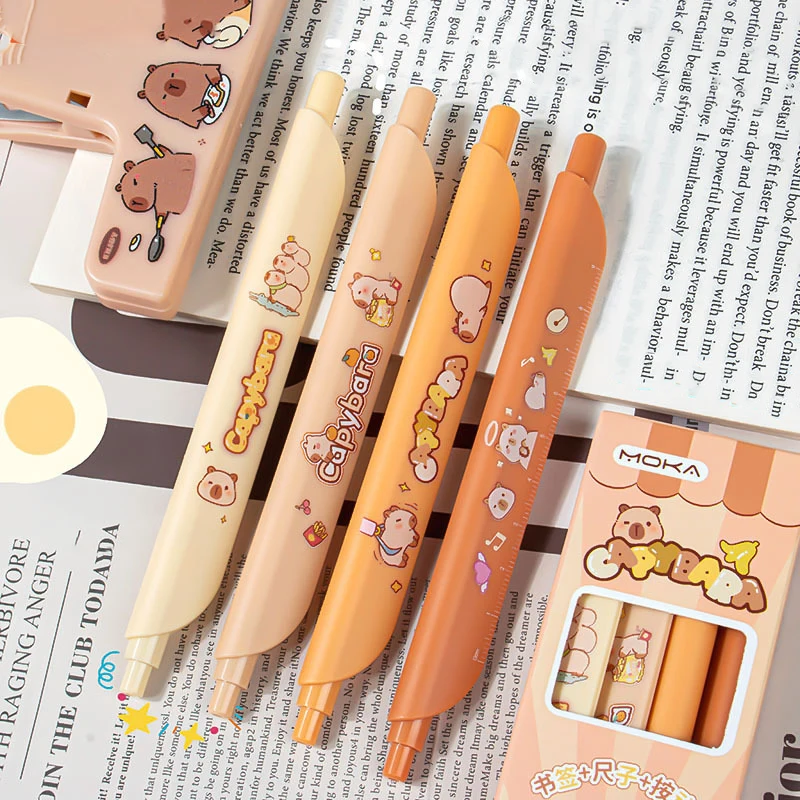 カピバラプレスジェルペン、かわいい漫画、カワイイ、クリエイティブ、定規、ニュートラルペン、学生文房具、事務用品、4個