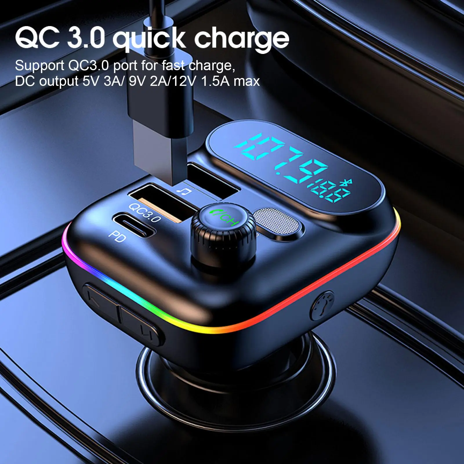 Car Bluetooth 5.0 FM Transmitter PD 20W Type-C QC3.0 Dual USB Charger Colorful Atmosphere Light MP3 Player Lossless Music