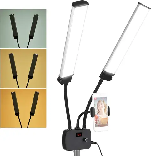 Imagen 2 del producto Luz de relleno LED de brazos dobles flexibles Luces de vídeo LED de belleza regulables bicolor 3 modos de luz con soporte para teléfono para transmisión en vivo